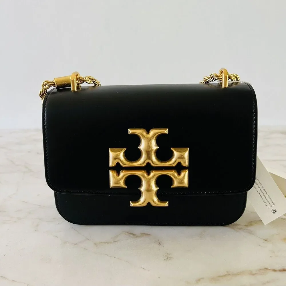 TORY BURCH Eleanor Solid Black Leather Small Convertible Crossbody Shoulder Bag
